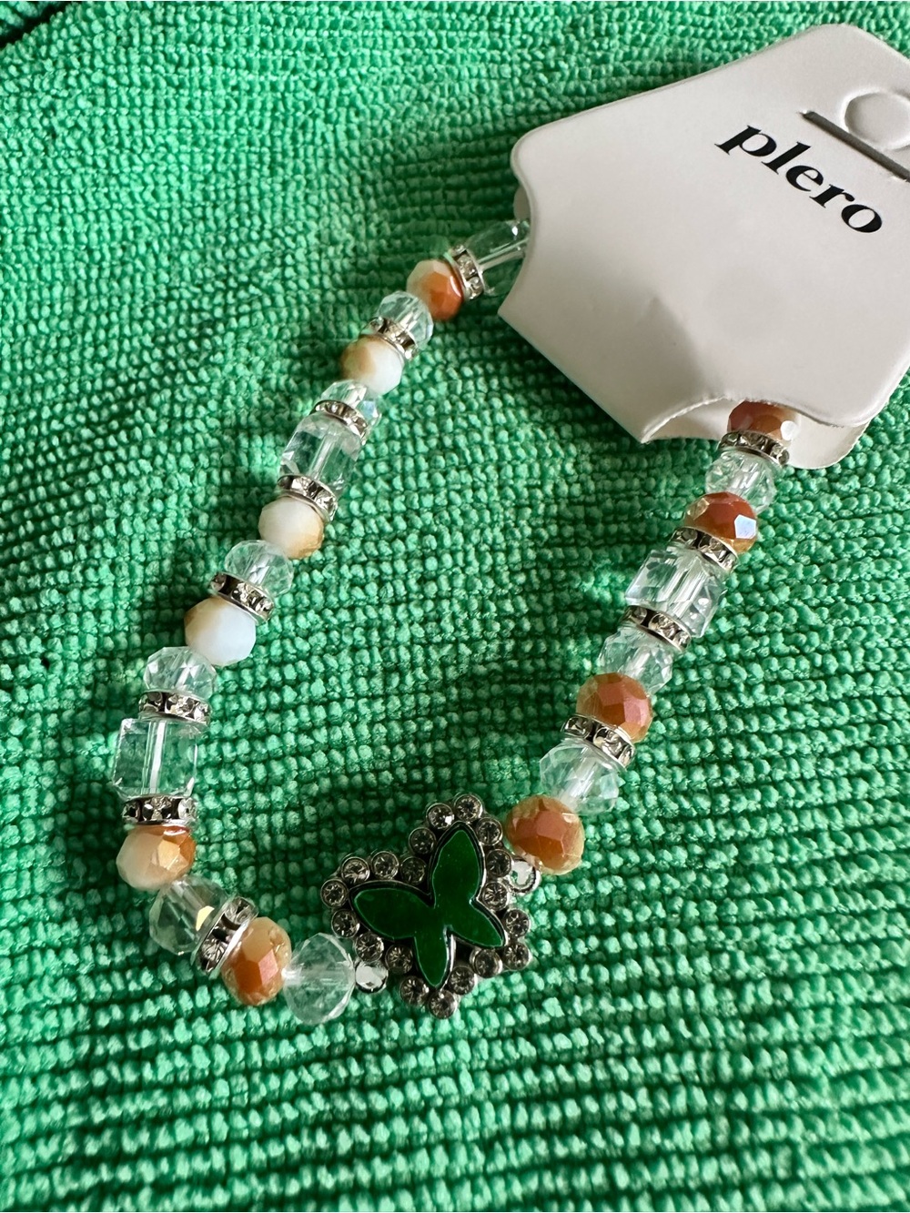 Butterfly Dsigns Green Enamel Butterfly & Peach Accent Bead Bracelet